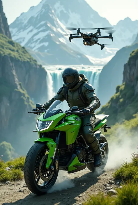 A mountain landscape with waterfall of a traveling elf with a helmet on a green Outeco Victori mrx 125 2017 motorcycle with a drone following him