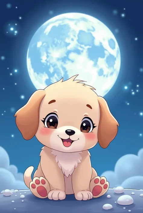 Chibi anime drawing of a puppy 
With the moon 