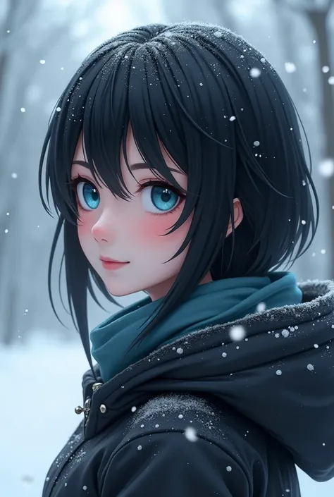  ( masterpiece ,  The best quality,  ultra detailed,  focus on character ), Woman with black hair and light blue eyes ([back:0.8]|[ face facing backwards:1.1]),  happy face, shy smile ([cold scenario:1.2]|[ snowy background:1.3]| [ high contrast:1.1])  