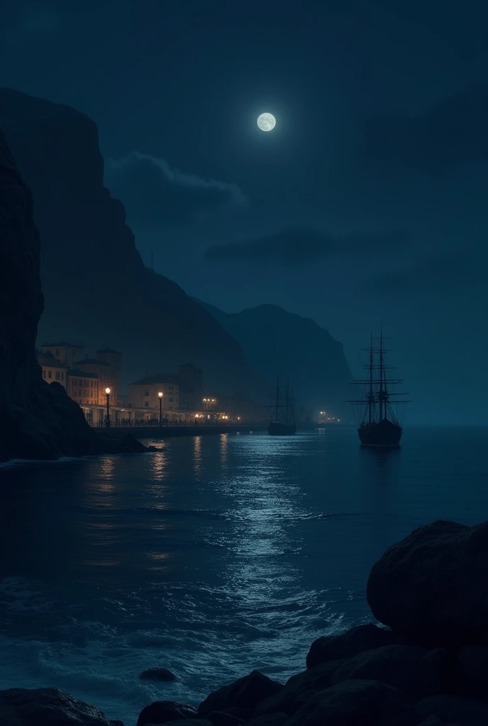 Sea tide near a port at night