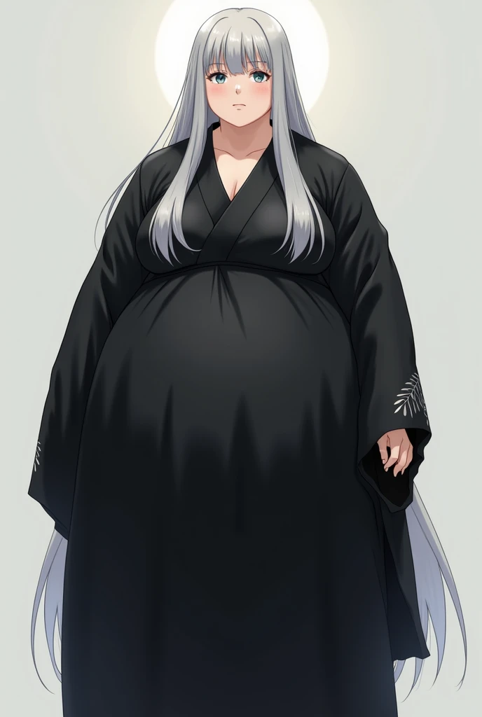 Very faithful woman Big Biutiful obese Japanese woman

Long straight sleeved silver hair with straight bangs.
Blue eyes 
White skin
Clothing :  black V-neck dress . seeds
