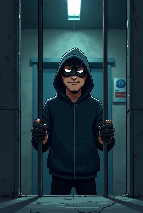 Masked guy cartoon in a police custody type photo