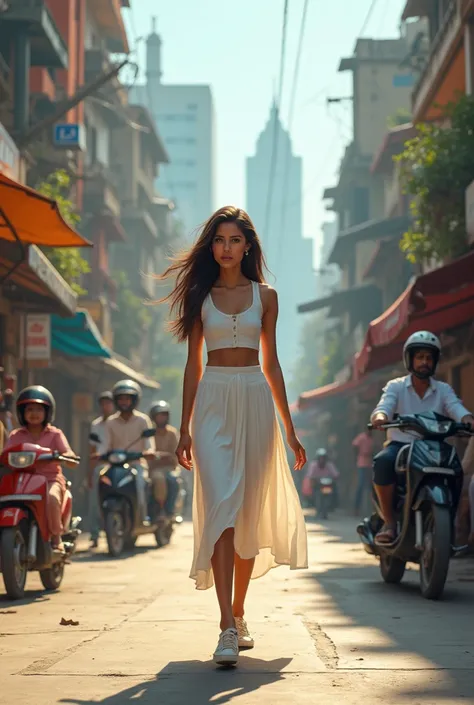 22 year indian girl walking in the mumbai road wearing white skirt and white shoesHigh Resolution, HD, 