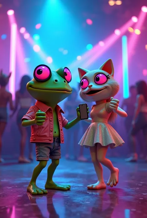 "Create an ultra-realistic 8K image of a whimsical cartoon character with the face of a frog, smooth green skin, and large, glowing alien eyes in vibrant electric blue and violet. The character is dancing with his girlfriend in a vibrant nightclub. She is ...