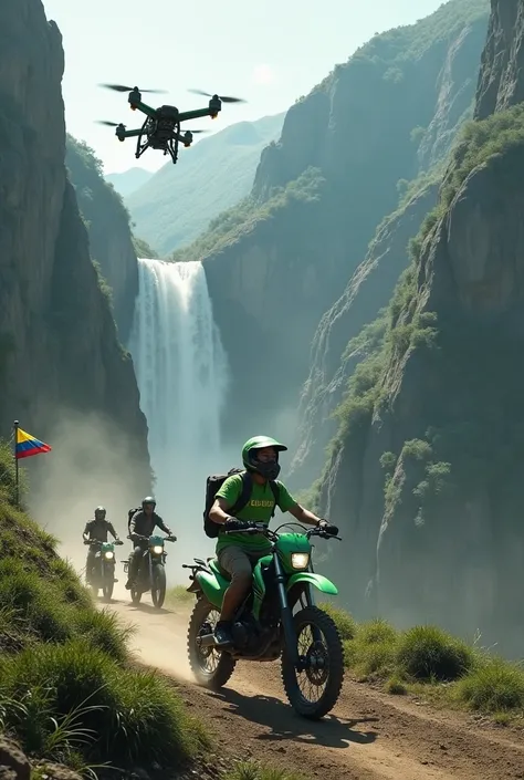  A mountain landscape with a waterfall of a traveling elf with a helmet with a green yearsey on a green ttr 125cc all-terrain motorcycle,  with a drone with a Colombian flag following it and many motorcycles following it with the Colombian flag 