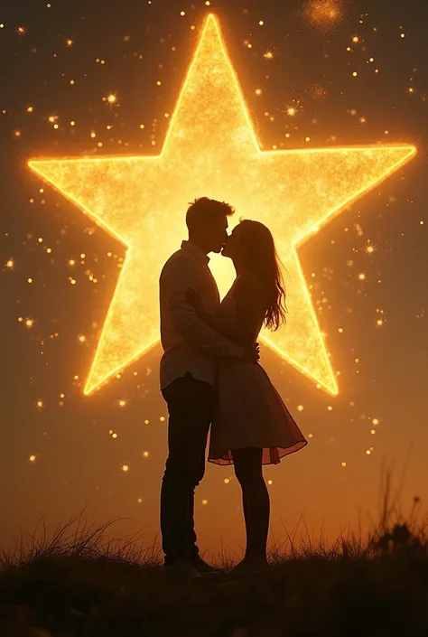  create a supernova image of a yellow star in the background with a couple kissing and floating in the center of that image and in the foreground, with the woman on the right and slightly shorter than the man .