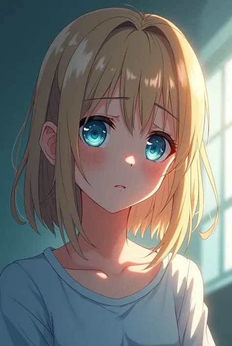 Anime girl with blonde hair and blue eyes crying 