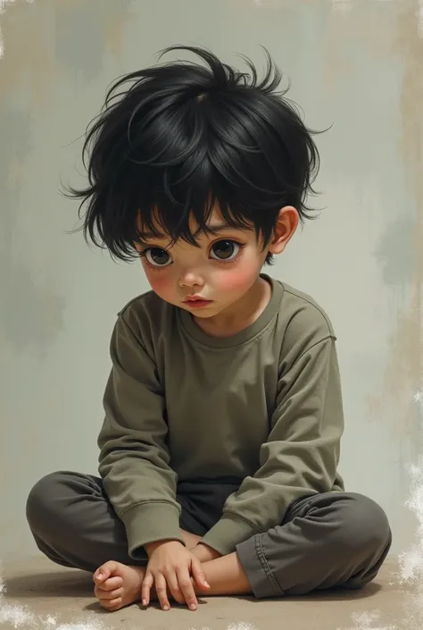 A young boy sitting with a sad look 