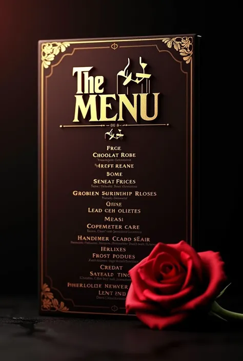  create the image for the chocolate menu inspired by the godfather, use a black background ,  in gold and red wine and a small rose in the lower right corner