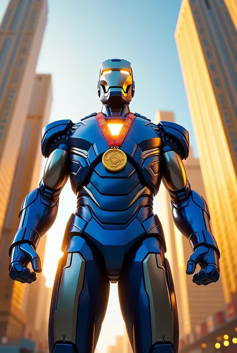 Iron Mans blue suit wins a medal against a background of golden skyscrapers  