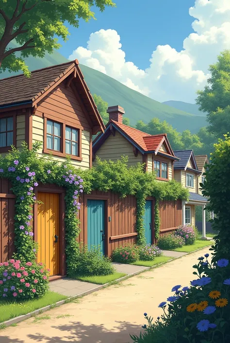 Help me create a layout of a street with houses a town with a beautiful horizontal fence painted at the height of the middle of the door with flowers in a tangle