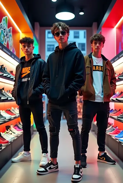 Photo of three 18 year old white men in a vibrant sneaker store, surrounded by an array of colorful Nike sneakers, each guy showcasing a unique style, one dressed in a black hoodie and fitted jeans, another sporting a graphic t-shirt and sporty shorts, the...