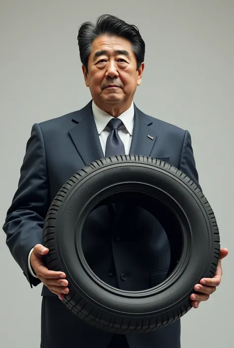 Prime Minister Shinzo Abe holds a car tire wheel in his hand。