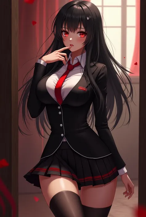 Girl with long black hair, red eyes, en pose sexy,  big breasts, sexy thighs, Touch her legs , short skirt,  wearing a very short black school uniform, red tie, short sleeve, with a finger on his lips  