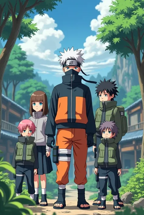  A Naruto , with a sensei similar to Kakashi Hatake with white hair,  style outfit but without bandages ,  a girl with brown hair , round and light blue eyes , Two ren,  a boy with pink hair and another with a great resemblance to Shikamaru Nara