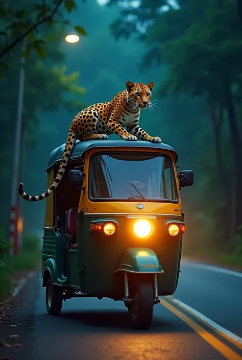 An young leopard traveling on an indian bajaj autorikshaw troug kerala road at night 