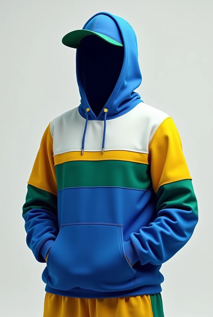  Sweatshirt with cap for the Ball basketball team in the colors blue with yellow stripes, white and green front and back with white space for logo without logo nothing 
