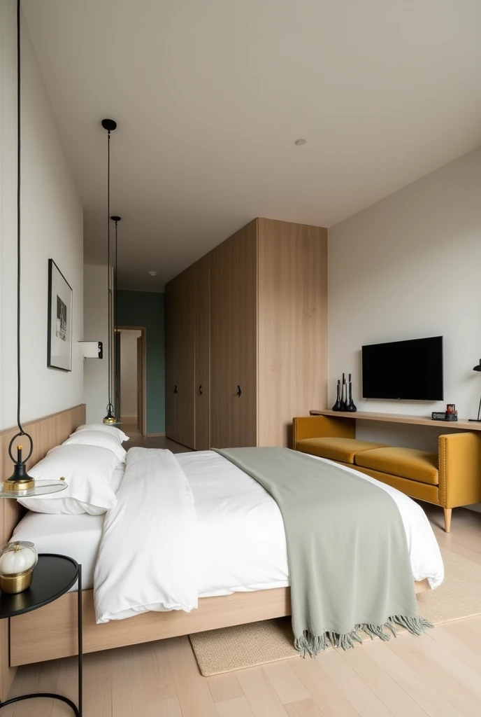  hotel bedroom , minimal style ,  light colors cream and gray and green dark powder,  wooden headboard bed ,  hanging bedside tables ,  hanging lamps slim design black and gold glass ,  ochre yellow two-seater sofa ,  hanging desk with fridge bar underneat...