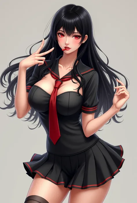  full body girl ,  seductive look ,  long black hair, red eyes, en pose sexy,  big breasts, sexy thighs, Touch her legs , short skirt,  wearing a very short black school uniform, red tie, short sleeve, with a finger on his lips  