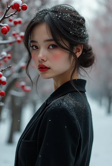 Digital painting masterpiece, prima woman, beautiful, fashionable, classy, black-smoke style, ruby glitter, smoke, winter berry, rowan orchard with frost all around, hyper-detailing, detail drawing, thin edges, smooth transition, clarity of moments, hyper-...