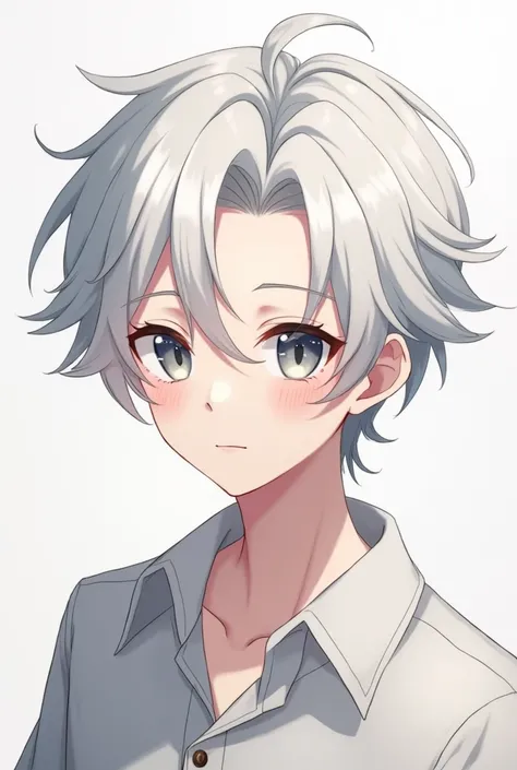  A male character, slightly cute ,  from anime with white hair and a white lock,  grayish silver eyes  