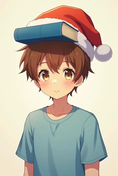 18 year old anime boy with brown hair,  cinamonroll blue t-shirt ,  wearing a blue Christmas hat ,  with brown eyes and a blue book on his head 