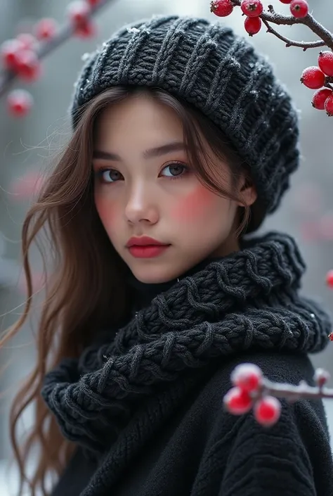 Digital painting masterpiece, prima woman, beautiful, fashionable, stylish, black and smoke style, ruby glitter, on the girls neck warm knitted scarf, smoke, winter berry, rowan orchard with frost around, hyper-detailing, detail drawing, thin edges, smooth...