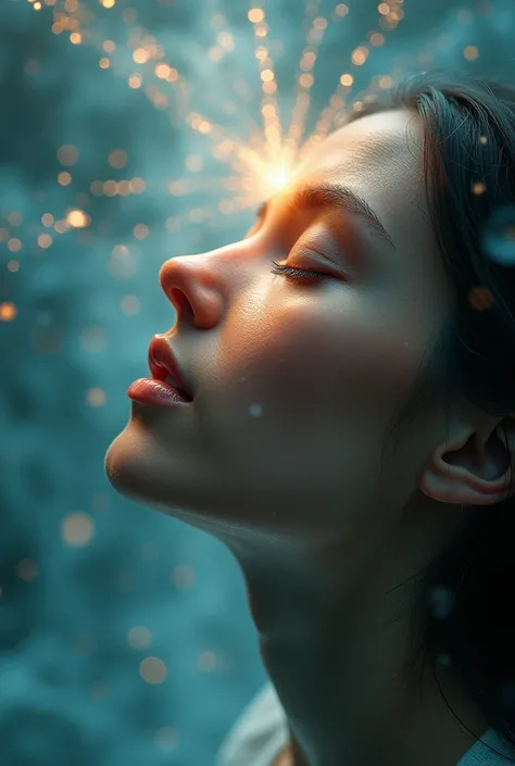 " Create a cinematic image in 4K that represents intuition and perception beyond reason .  At the center of the composition , a human face with closed eyes ,  but with an expression of deep understanding and connection .
Visual Elements:

 Waves of etherea...