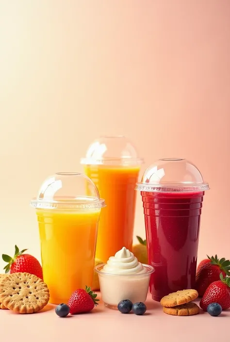 Eye-catching poster of fruit juices and biscuits and creams in medium-sized plastic cups 