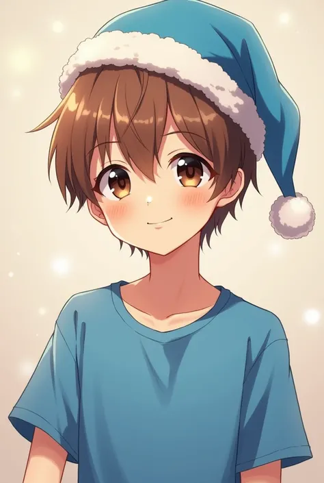 18 year old anime boy with brown hair,  cinamonroll blue t-shirt , with a blue Christmas hat and with brown eyes 