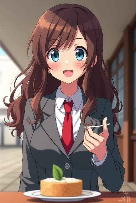  Screenshot Boku no hero Academia, Pretty woman, wavy brown hair,  sky blue eyes, cheerful expression,  Uniform gray jacket and red tie , eating,  school corridor in the background ,  looking at the camera 