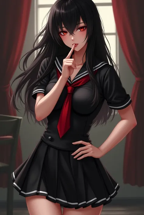  full body girl , erotic look,  long black hair, red eyes, en pose sexy,  big breasts, sexy thighs, Touch her hips, short skirt,  wearing a very short black school uniform, red tie, short sleeve, with a finger on his lips  