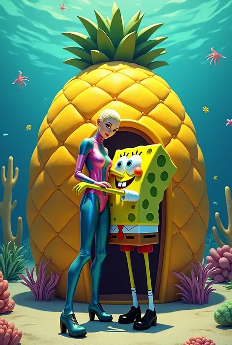 Lady Gaga in her poker face suit hugging SpongeBob in front of her pineapple house.
