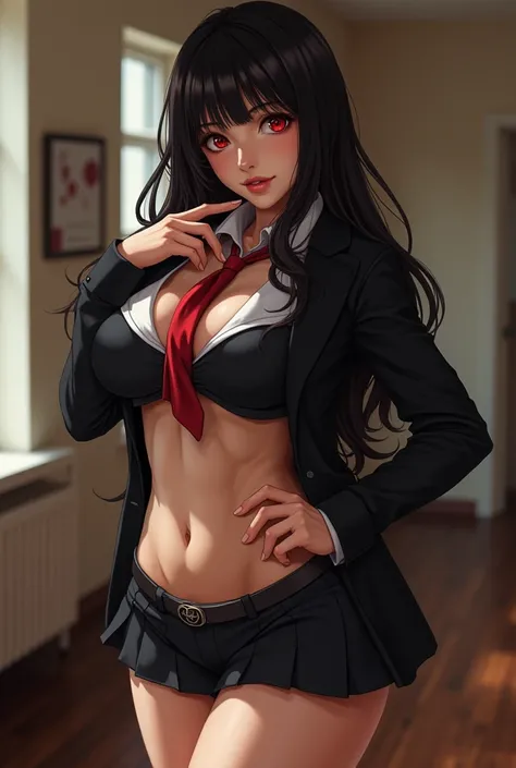 Low Angle with Full Body Girl, erotic look,  long black hair, red eyes, en pose sexy,  big breasts, sexy thighs, Touch her hips, short skirt,  wearing a very short black school uniform, red tie, short sleeve, with a finger on his lips  