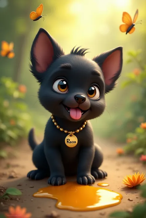  little black dog with necklace that says Rocco, eating honey ,  and butterflies flying around 