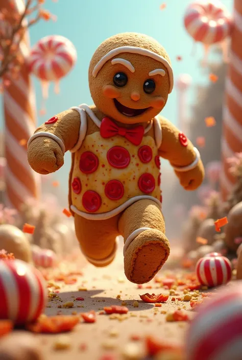 Gingerbread man as a pizza while running 