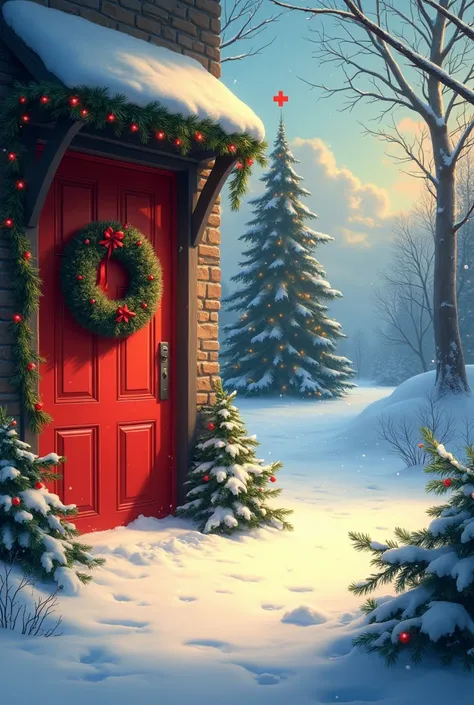 A serene winter scene unfolds, with snowflakes gently falling onto a tranquil landscape. In the distance, a warm and inviting Christmas tree stands tall, its lights reflecting off the soft blanket of snow. A festive red door with a wreath of evergreen and ...