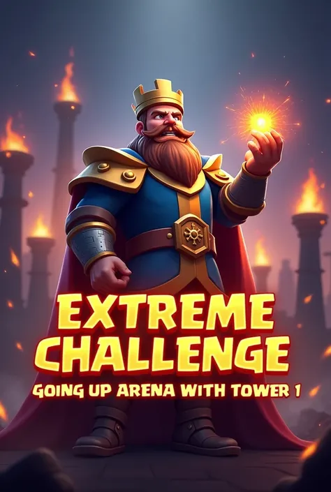 " Create a thumbnail of explosive and daring for a Clash Royale playlist focused on CHALLENGE to reach new arenas using ARCHERY TOWERS LEVEL 1.  The image must be intense ,  fonts featuring the character of a warrior king with a crown gold , imposing beard...