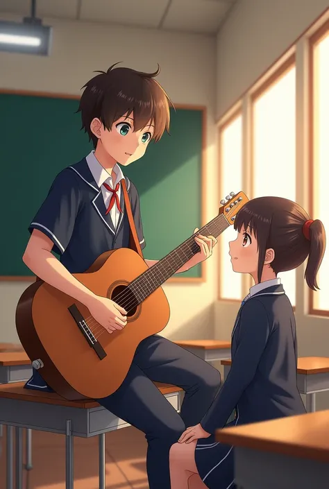 an anime picture of a boy in school uniform playing guitar and a girl in school uniform listening. the set up must be in a classroom