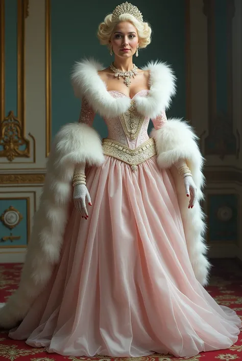 A captivating and realistic full body portrait of an old actress dressed in a iconic costume, she have an bell skirt dress in pink pastel and a big white belt adorned, white gloves with fur ruffles and a beautiful white tiara giving a magic touch, a beauti...