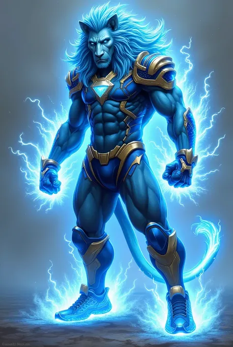  A half-human male lion of blue , Skinny and tall , with blue eyes and mane ,  clenched fists from which blue lights emanate ,  dressed in Blue Armor , Gold that covers the chest .  Feet wearing Nike Blue and Black running shoes .  She is as happy as Sonic...