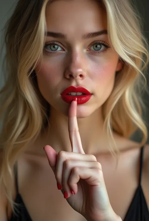 Beautiful blonde girl, 18 years old, with red lipstick with her finger on her mouth asking for silence, shhh