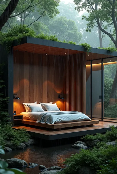 create a futuristic bedroom in the forest and make it so that it’s raining and make it dark wood themed 