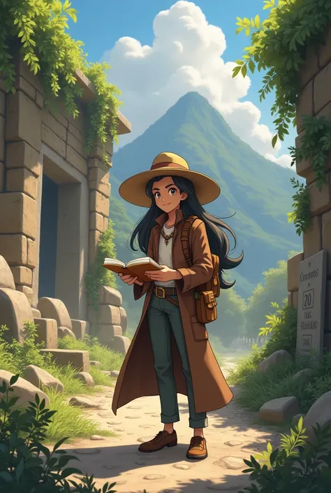 Pokemon Trainer Characters,  long hair  ,historian, Pose smiling and researching something, Scenery ruins
