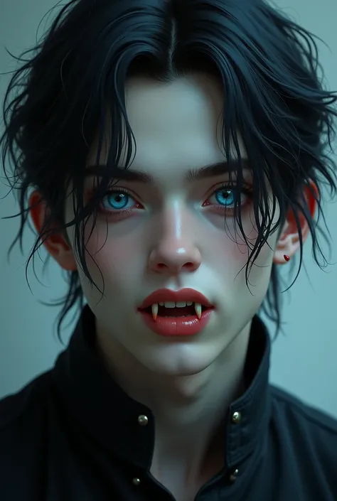 A very very handsome Teenage vampire with blue eyes baring his bloody fangs . He has jet black hair
It should not be profile view and his face should be real smooth like an Asian 
