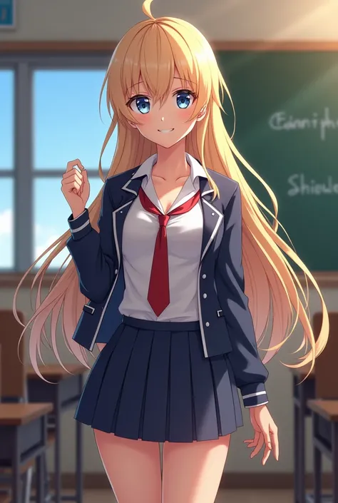 A beautiful girl with long blond hair and blue eyes in a school uniform and short black skirt stands near the school board. The chest is bare. Stands facing the viewer. Theres a grin on her face. full length photo. Anime style. 4k