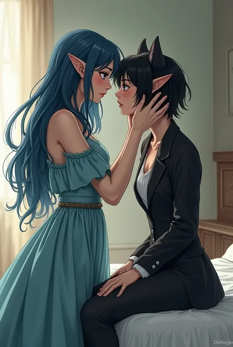 Draw two girls .  The first cat girl is holding the elf girl by the chin. The cat girl is standing next to the bed, and an elf girl is sitting on the bed . The elf girl has blue flowing hair and blue eyes ,  she is wearing a long vintage dress with open sh...