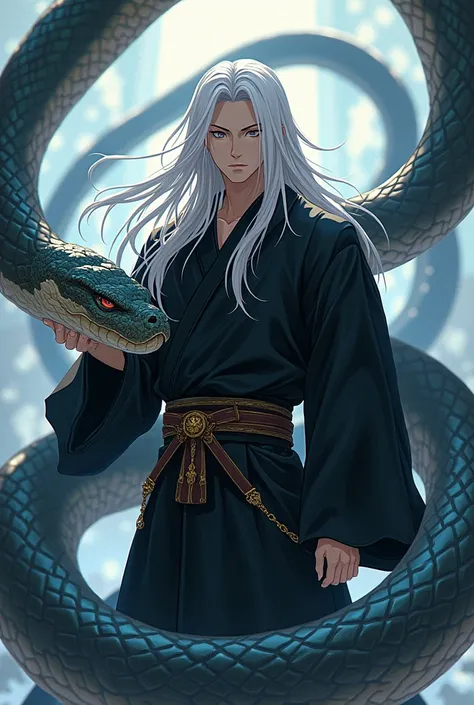 Create an anime man with long white hair  , Who wears a black kimono and has a giant snake ,  that looks impressive 