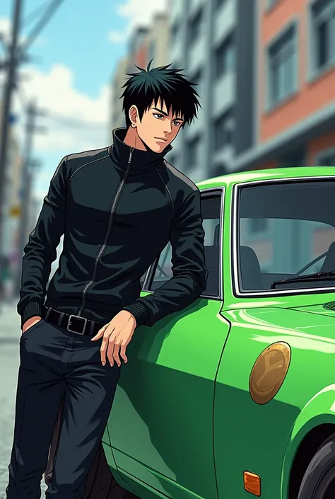  Japanese man with short hair, with black racing jacket, leaning on the side of a modified green Datsun 280z,  with bronze circles , manga style initial D , Tokyo , more central perspective  