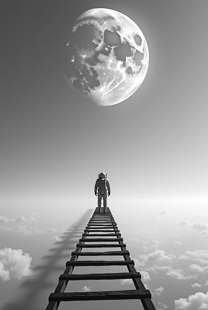 An astronaut climbs a long ladder reaching for the moon This black and white image gives a surreal feel Capturing dreams and aspirations it inspires creativity A unique digital artwork AI